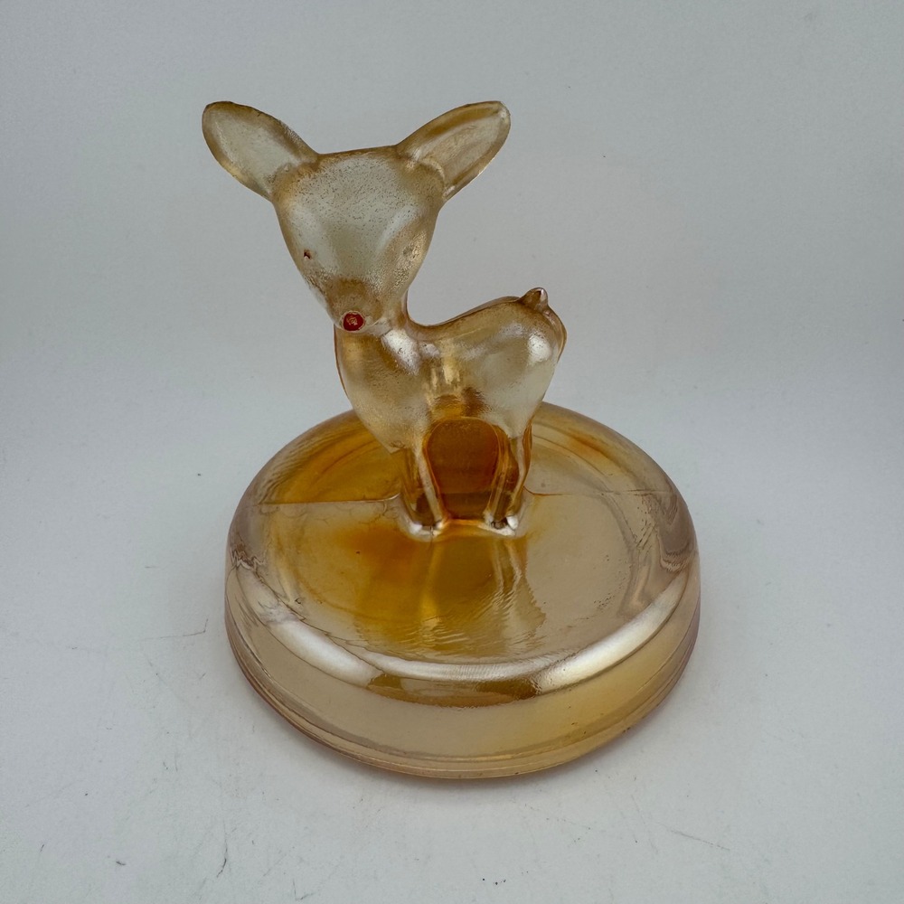 Vintage Carnival‎ Glass Deer Fawn Figurine Lid Amber Iridescent Mid-Century